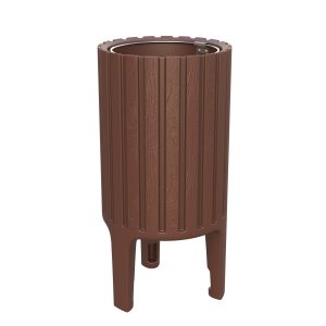 Papelera EcoCity fabricada en polietileno de alta densidad (HDPE), contiene material reciclado, de color marrón, con tratamiento UV, ecologica y reciclable, sin mantenimiento