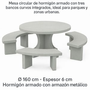 CONJUNTO MESA CIRCULAR HORMIGON CON ASIENTOS HORMIGON BLANCO LISO