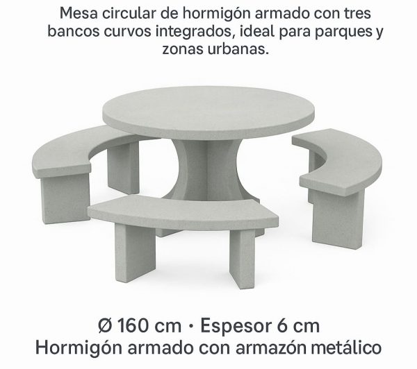 CONJUNTO MESA CIRCULAR HORMIGON CON ASIENTOS HORMIGON BLANCO LISO